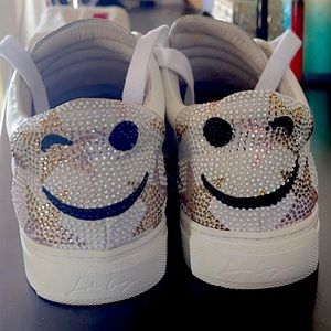 Lola Cruz smiley face sneakers, white sneakers with silver and gold smiles